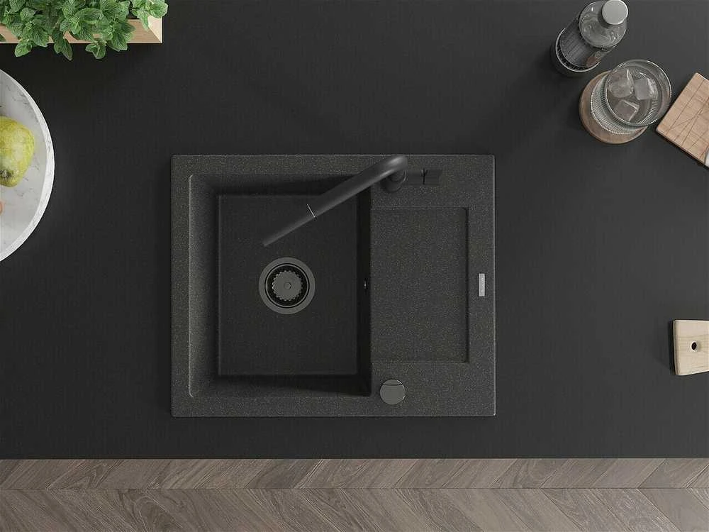 Granitinė virtuvinė plautuvė Mexen Enzo su maišytuvu ir sifonu, Juodas granite+Juodas