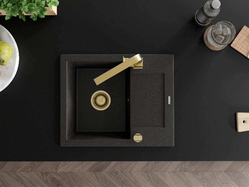 Granitinė virtuvinė plautuvė Mexen Enzo su maišytuvu ir sifonu, Juodas granite+Gold