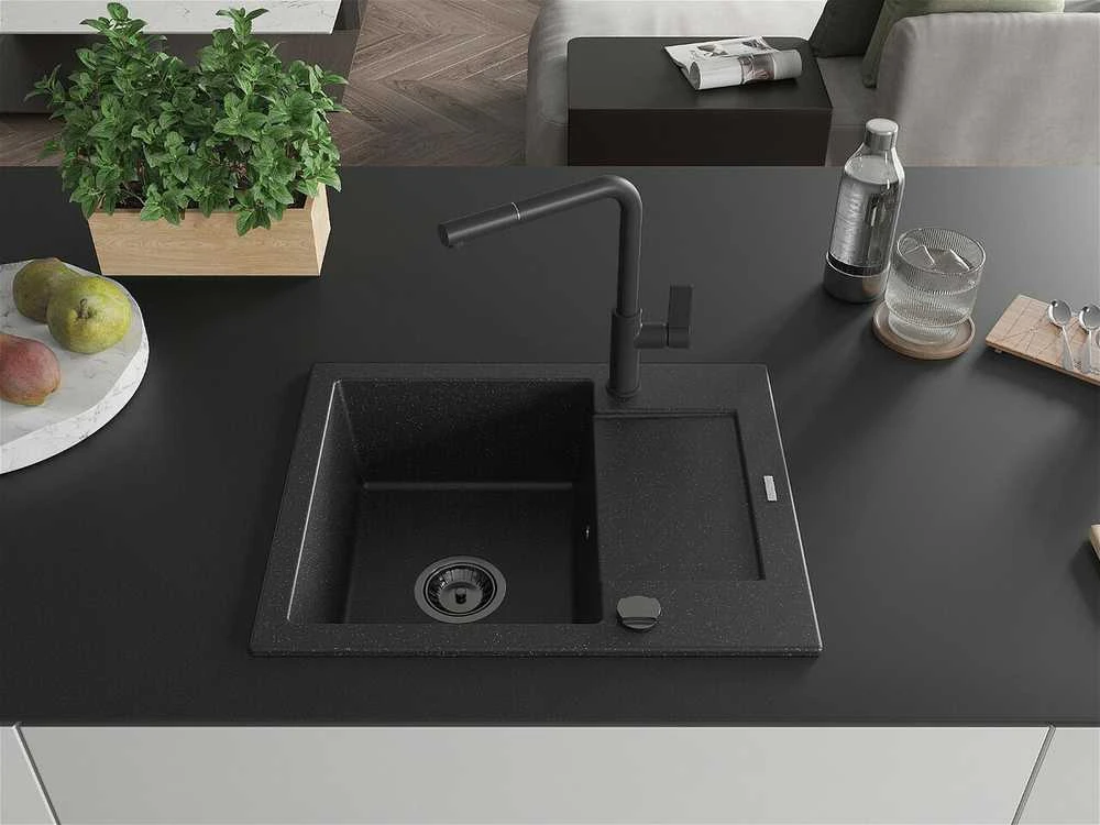 Granitinė virtuvinė plautuvė Mexen Enzo su maišytuvu ir sifonu, Metallic juodas/sidabrinis+Juodas