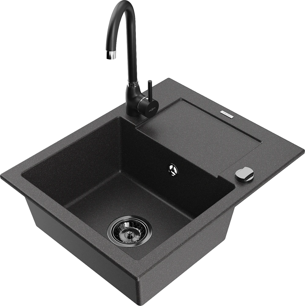 Granitinė virtuvinė plautuvė Mexen Enzo su maišytuvu ir sifonu, Juodas granite+Juodas(B)