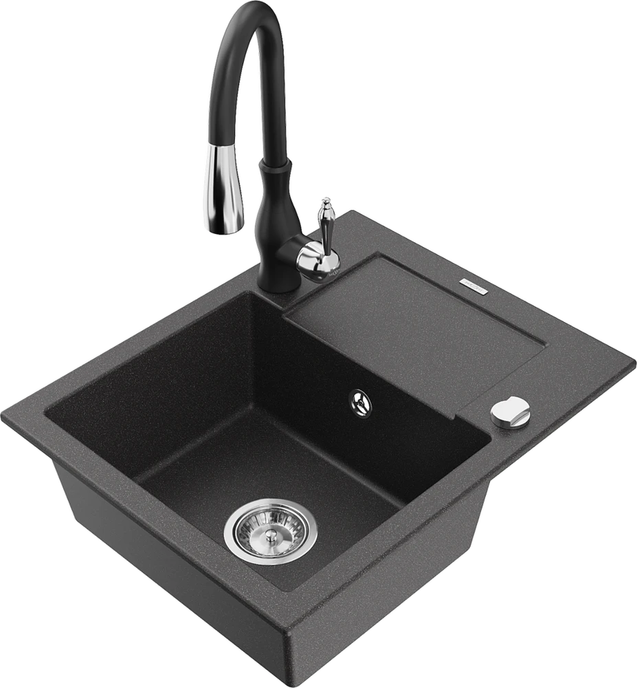 Granitinė virtuvinė plautuvė Mexen Enzo su maišytuvu ir sifonu, Juodas granite+Juodas