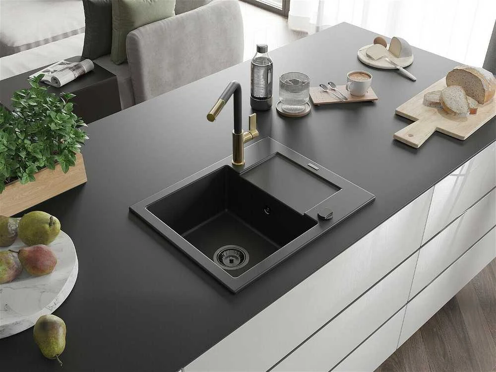 Granitinė virtuvinė plautuvė Mexen Enzo su maišytuvu ir sifonu, Juodas+Juodas/Gold