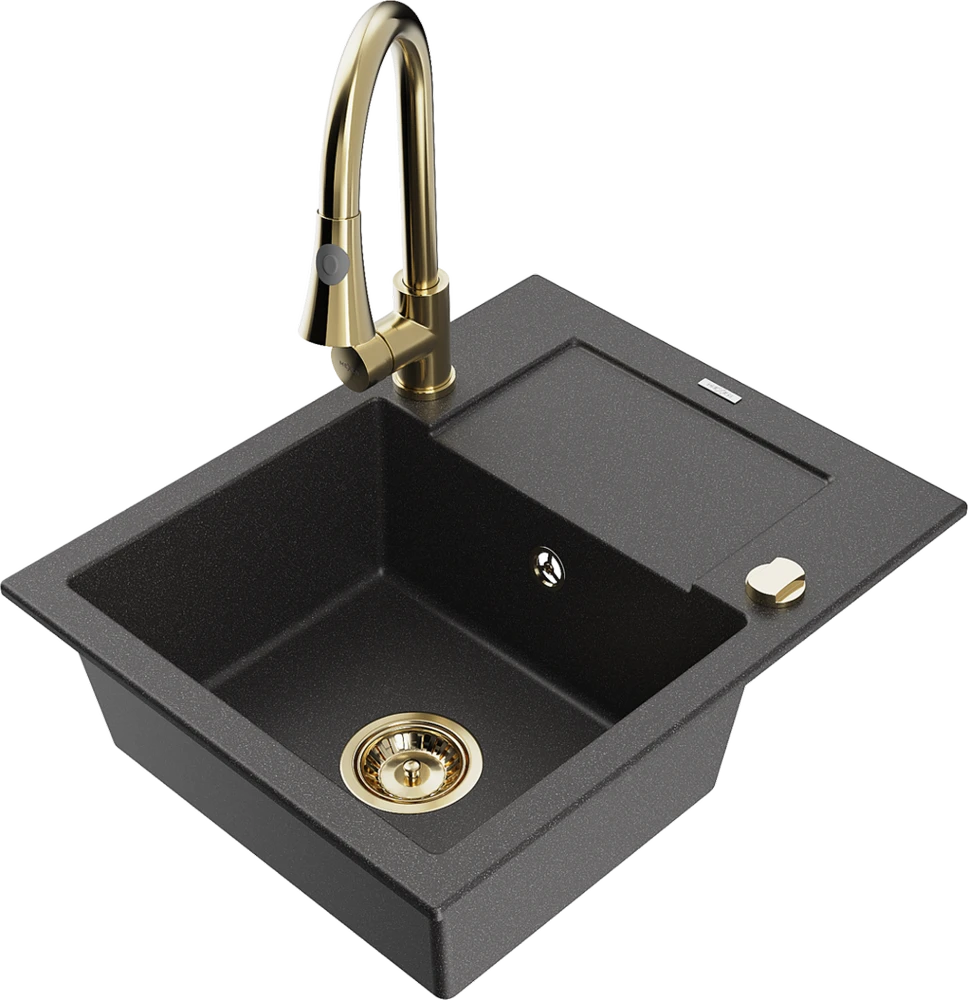 Granitinė virtuvinė plautuvė Mexen Enzo su maišytuvu ir sifonu, Juodas granite+Gold