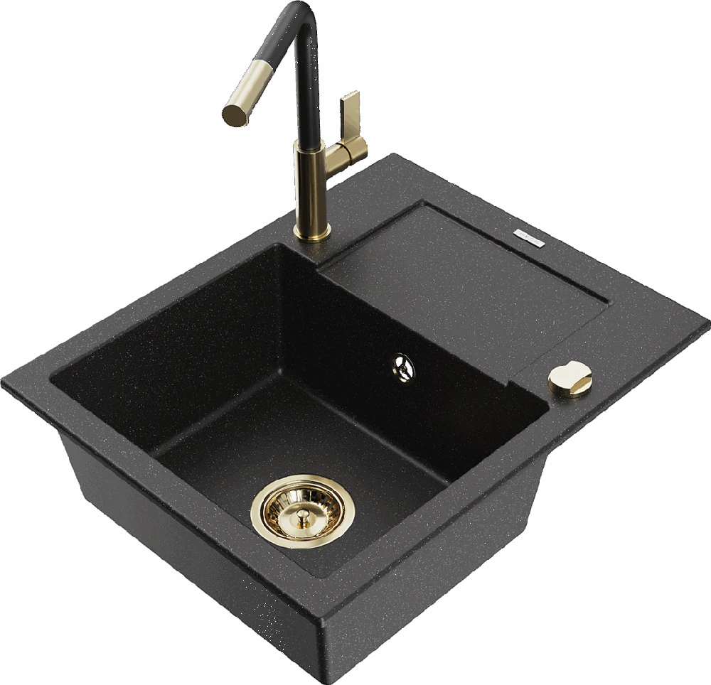 Granitinė virtuvinė plautuvė Mexen Enzo su maišytuvu ir sifonu, Metallic juodas/sidabrinis+Juodas/Gold