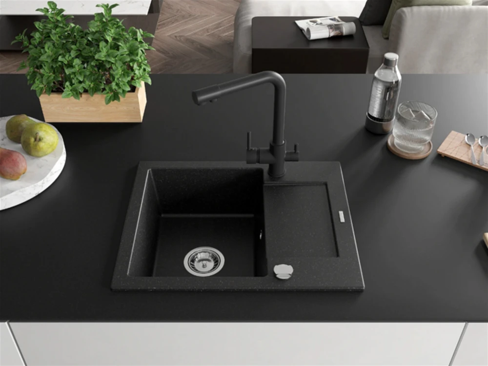 Granitinė virtuvinė plautuvė Mexen Enzo su maišytuvu ir sifonu, Metallic juodas/sidabrinis+Juodas
