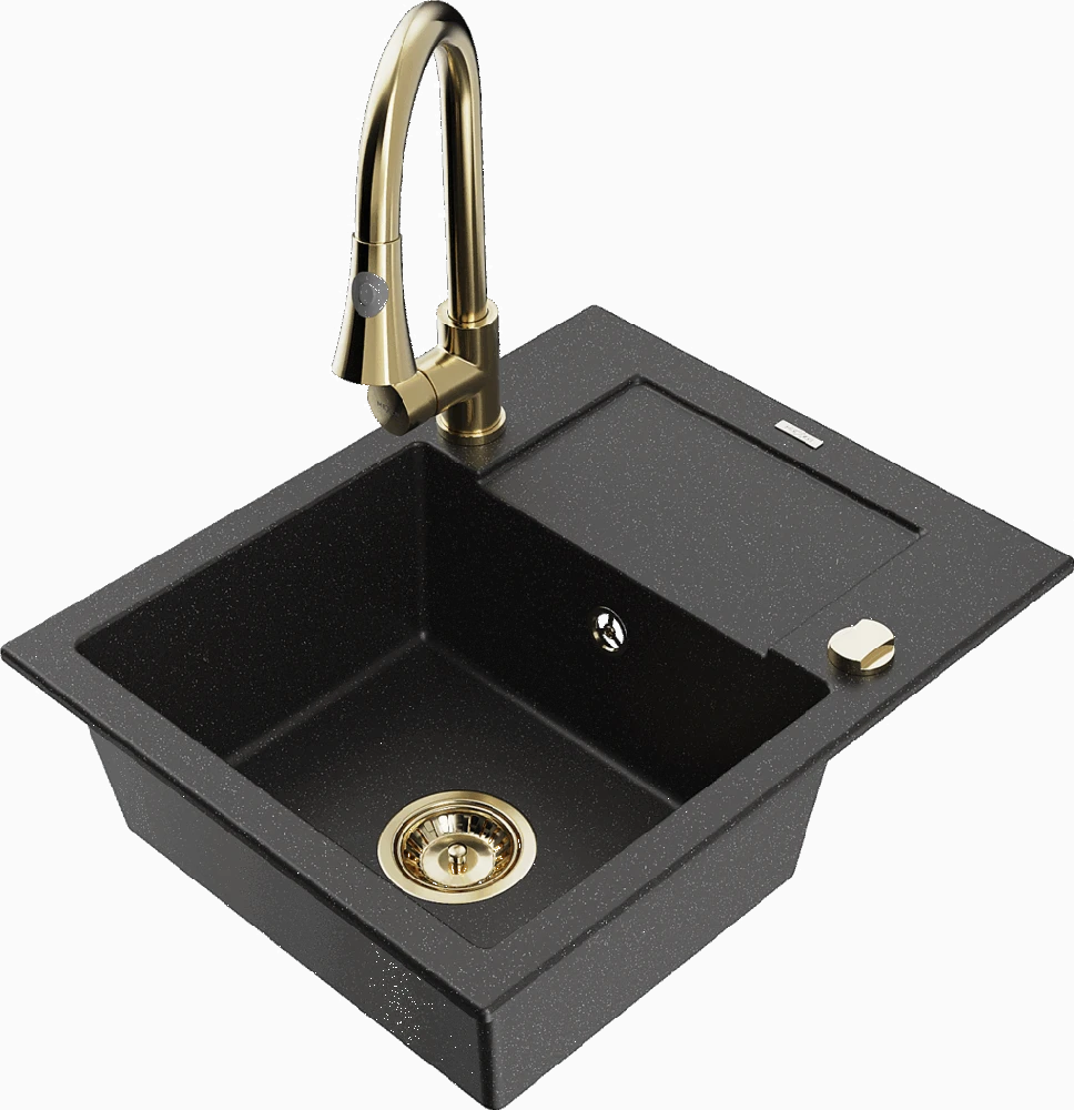 Granitinė virtuvinė plautuvė Mexen Enzo su maišytuvu ir sifonu, Metallic juodas/sidabrinis+Gold