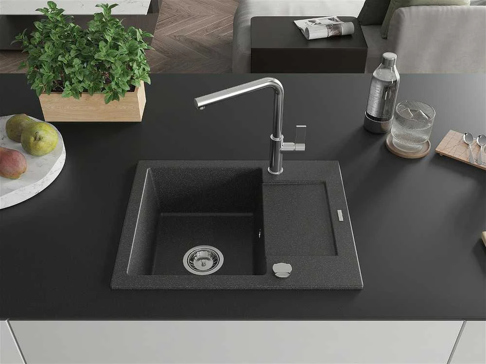 Granitinė virtuvinė plautuvė Mexen Enzo su maišytuvu ir sifonu, Juodas granite+Chrome
