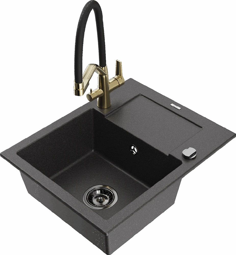 Granitinė virtuvinė plautuvė Mexen Enzo su maišytuvu ir sifonu, Juodas granite+Juodas/Gold
