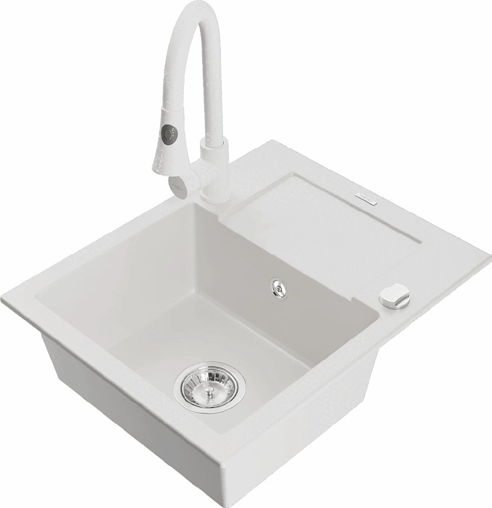 Granitinė virtuvinė plautuvė Mexen Enzo su maišytuvu ir sifonu, Baltas