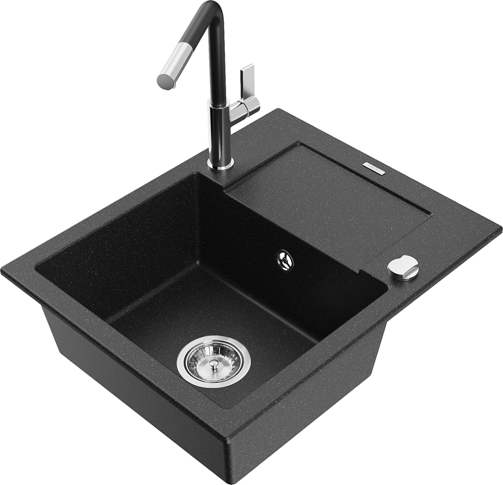 Granitinė virtuvinė plautuvė Mexen Enzo su maišytuvu ir sifonu, Metallic juodas/sidabrinis+Juodas/Chrome