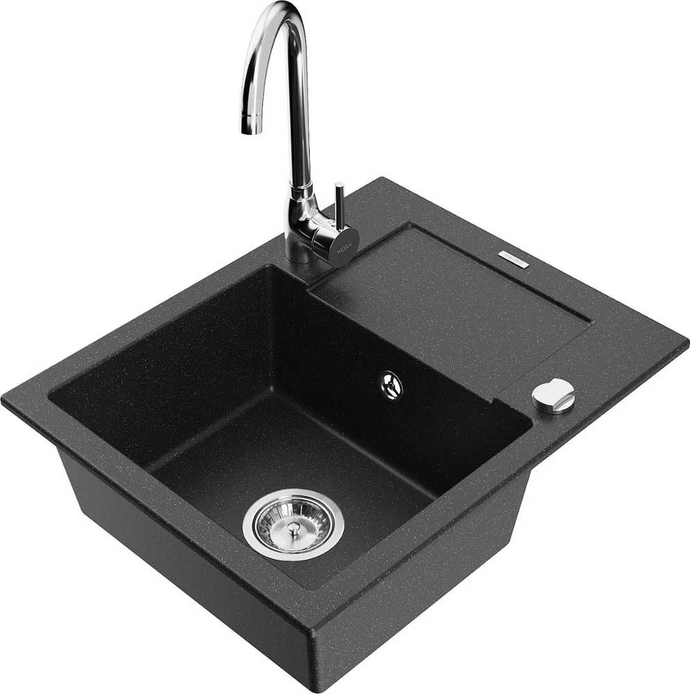 Granitinė virtuvinė plautuvė Mexen Enzo su maišytuvu ir sifonu, Metallic juodas/sidabrinis+Chrome