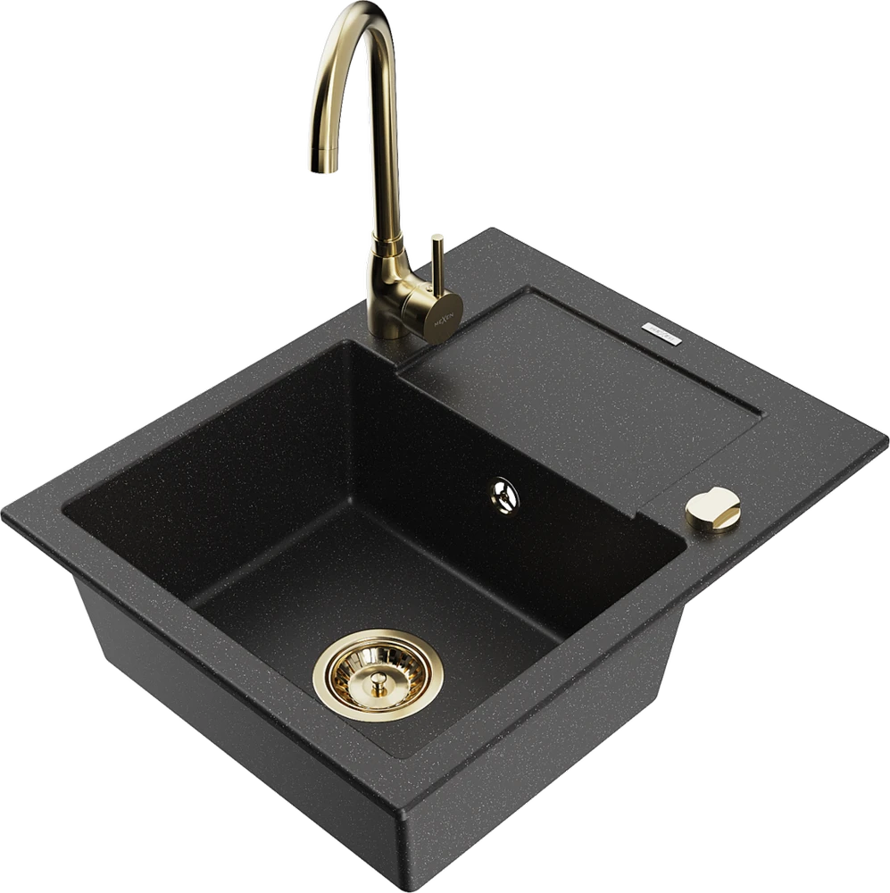Granitinė virtuvinė plautuvė Mexen Enzo su maišytuvu ir sifonu, Metallic juodas/sidabrinis+Gold