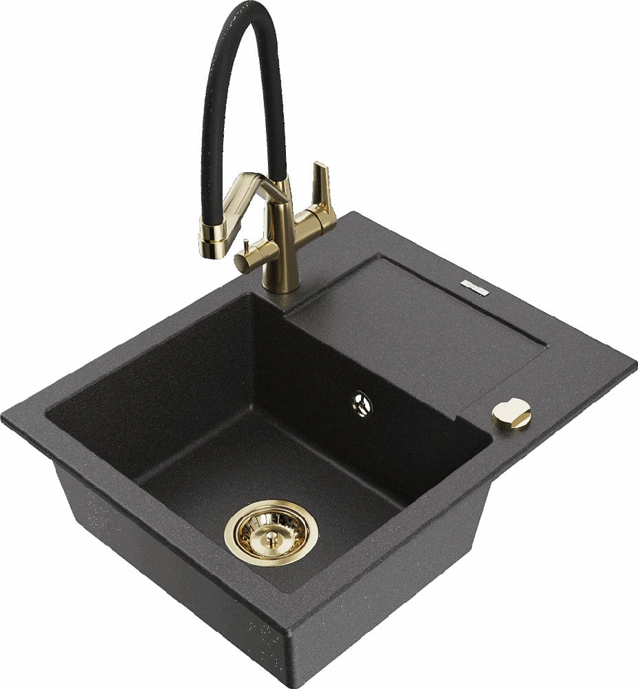 Granitinė virtuvinė plautuvė Mexen Enzo su maišytuvu ir sifonu, Juodas granite+Juodas/Gold