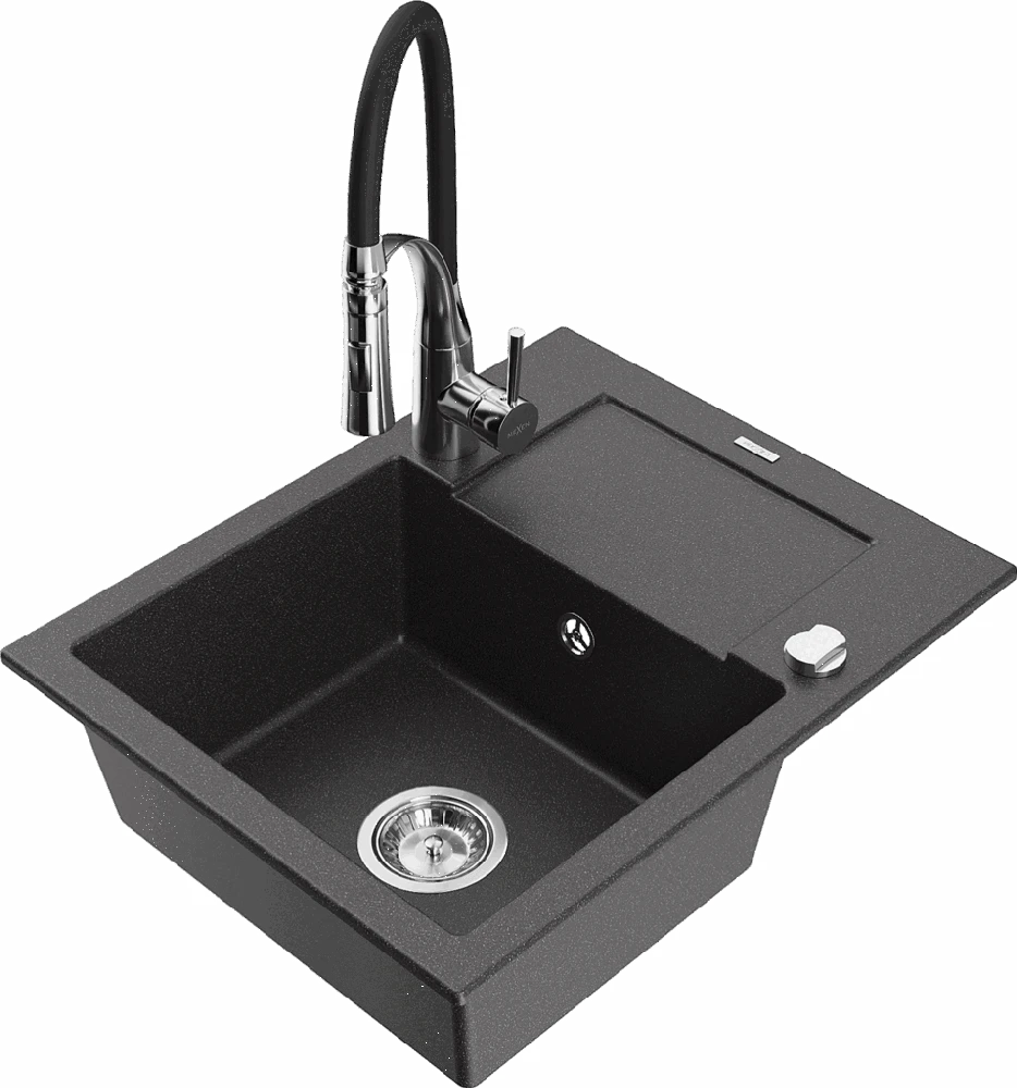 Granitinė virtuvinė plautuvė Mexen Enzo su maišytuvu ir sifonu, Juodas granite+Juodas/Chrome