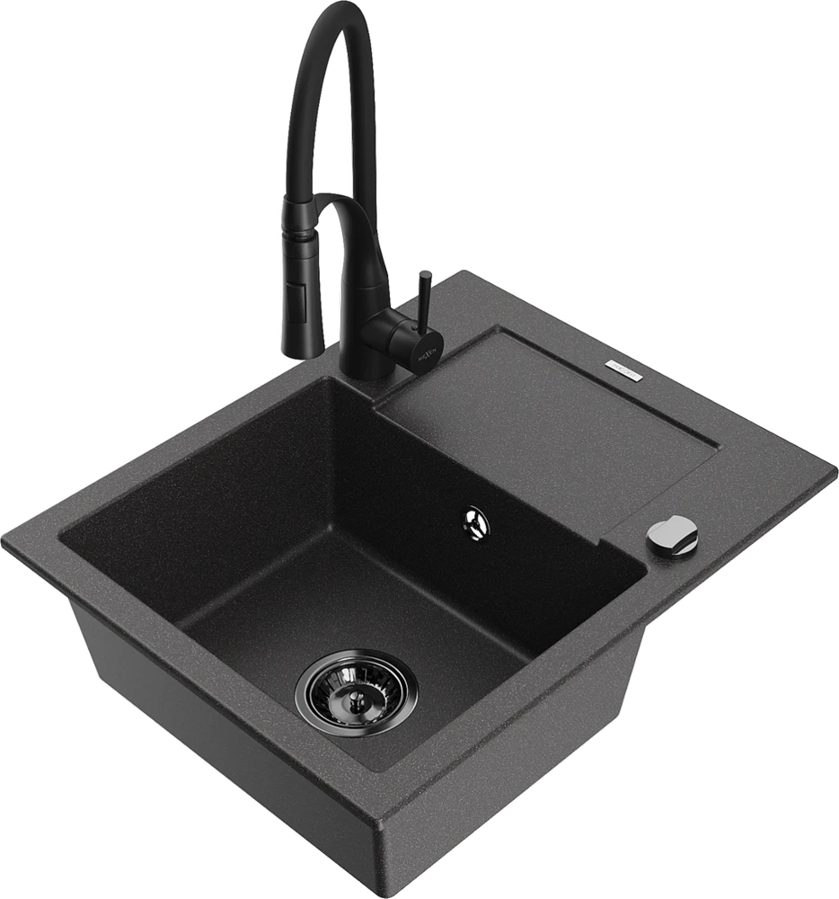 Granitinė virtuvinė plautuvė Mexen Enzo su maišytuvu ir sifonu, Juodas granite+Juodas