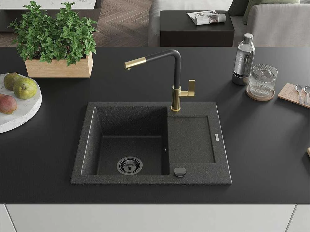 Granitinė virtuvinė plautuvė Mexen Enzo su maišytuvu ir sifonu, Juodas granite+Juodas/Gold