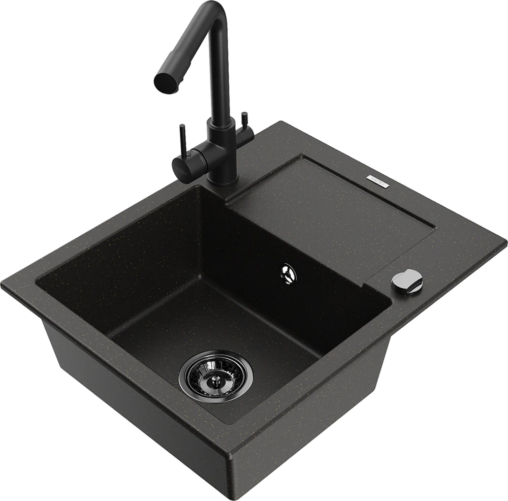 Granitinė virtuvinė plautuvė Mexen Enzo su maišytuvu ir sifonu, Juodas granite+Juodas(B)