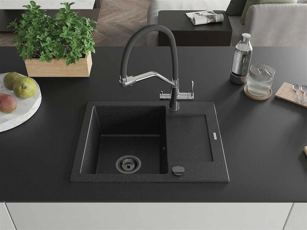 Granitinė virtuvinė plautuvė Mexen Enzo su maišytuvu ir sifonu, Metallic juodas/sidabrinis+Juodas/Chrome