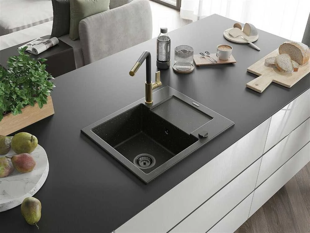 Granitinė virtuvinė plautuvė Mexen Enzo su maišytuvu ir sifonu, Metallic juodas/auksinis+Juodas/Gold