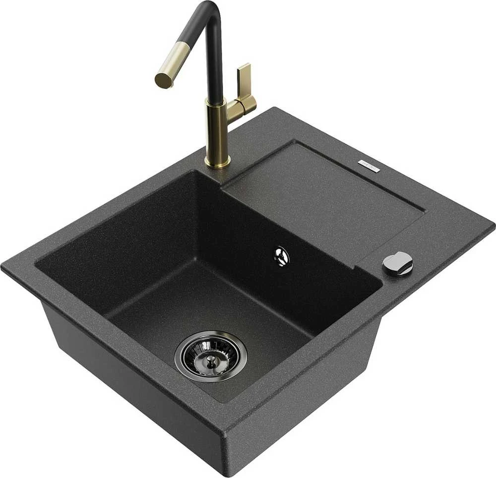 Granitinė virtuvinė plautuvė Mexen Enzo su maišytuvu ir sifonu, Juodas granite+Juodas/Gold