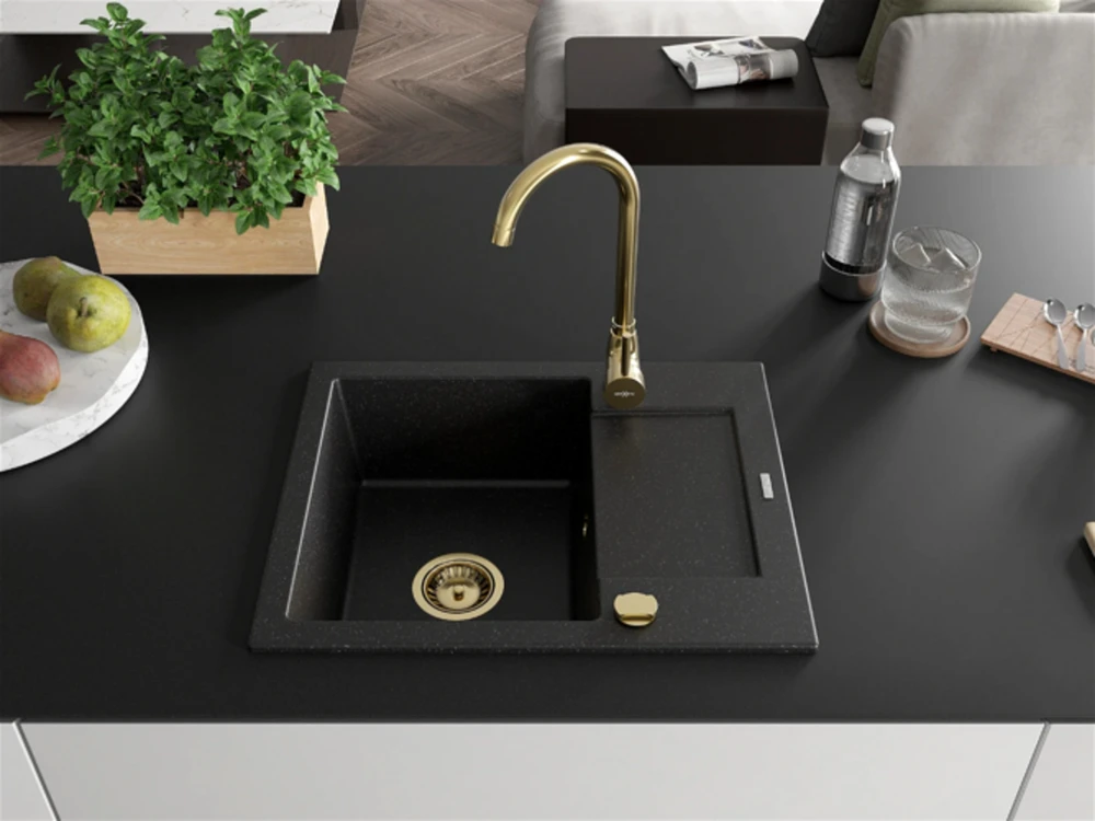 Granitinė virtuvinė plautuvė Mexen Enzo su maišytuvu ir sifonu, Metallic juodas/sidabrinis+Gold