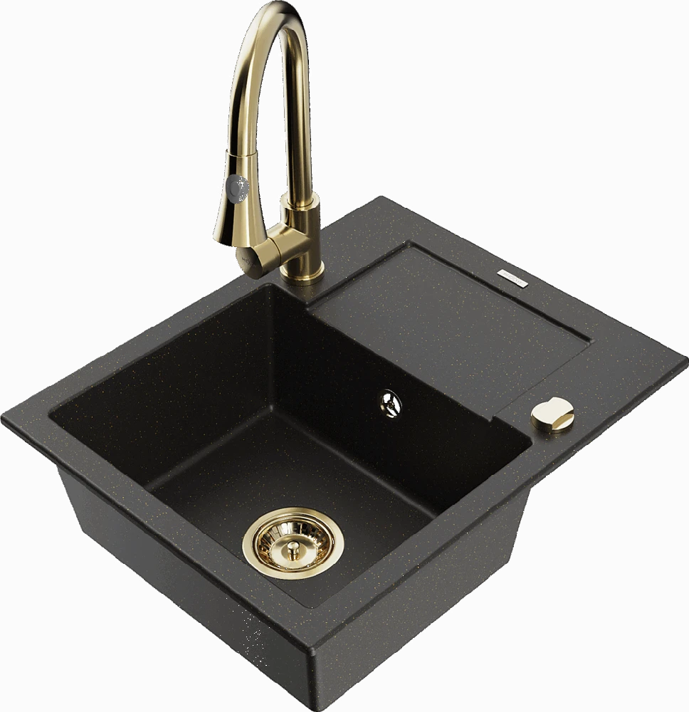 Granitinė virtuvinė plautuvė Mexen Enzo su maišytuvu ir sifonu, Metallic juodas/auksinis+Gold