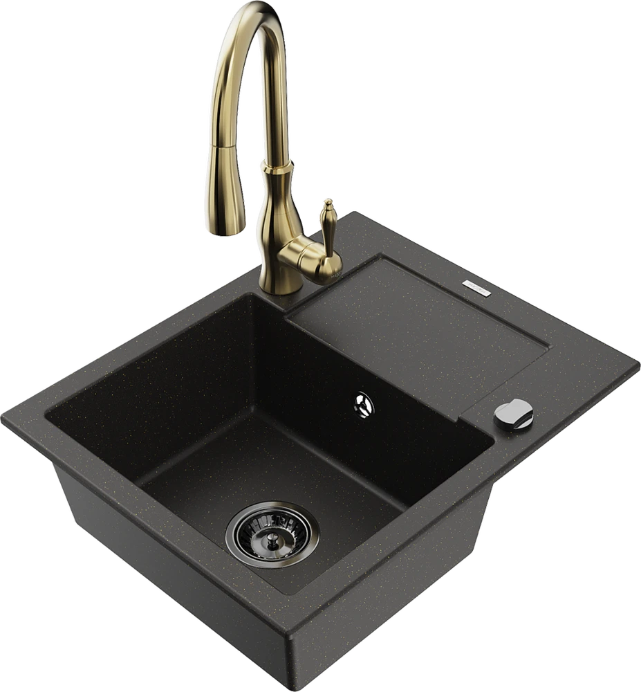 Granitinė virtuvinė plautuvė Mexen Enzo su maišytuvu ir sifonu, Metallic juodas/auksinis+Gold