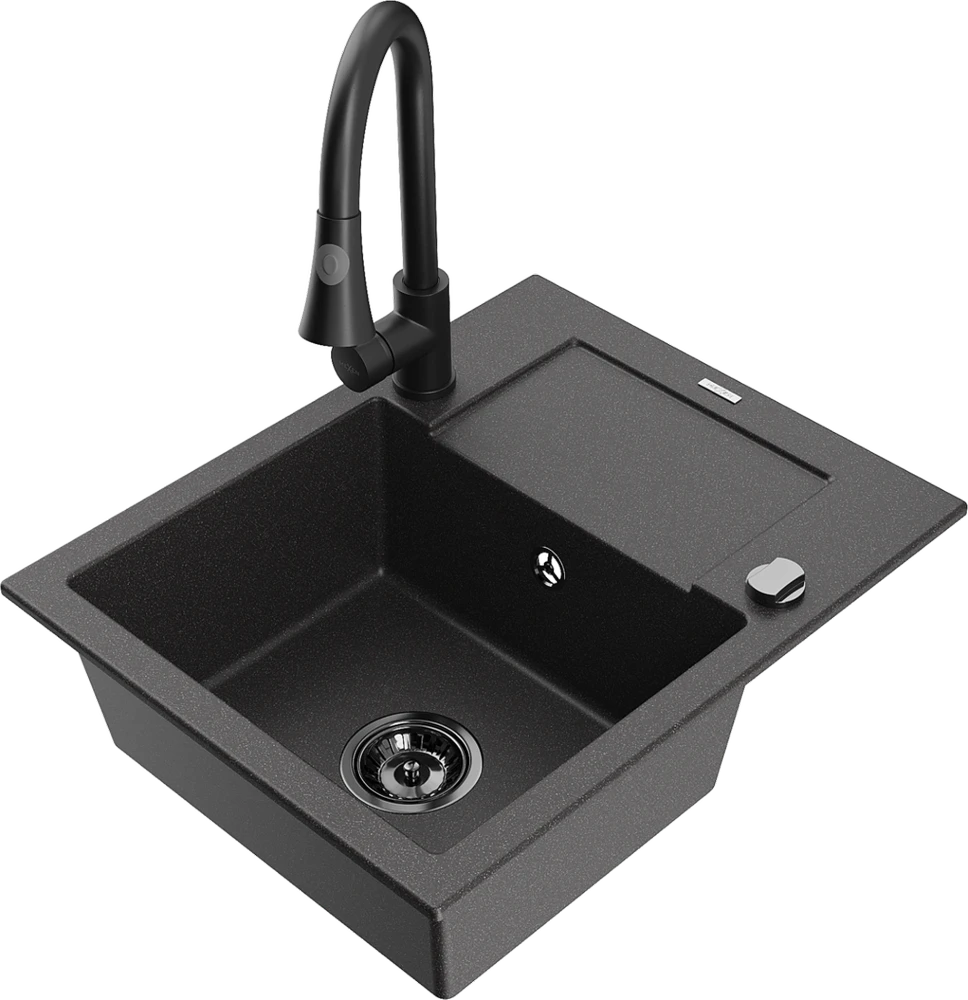Granitinė virtuvinė plautuvė Mexen Enzo su maišytuvu ir sifonu, Juodas granite+Juodas