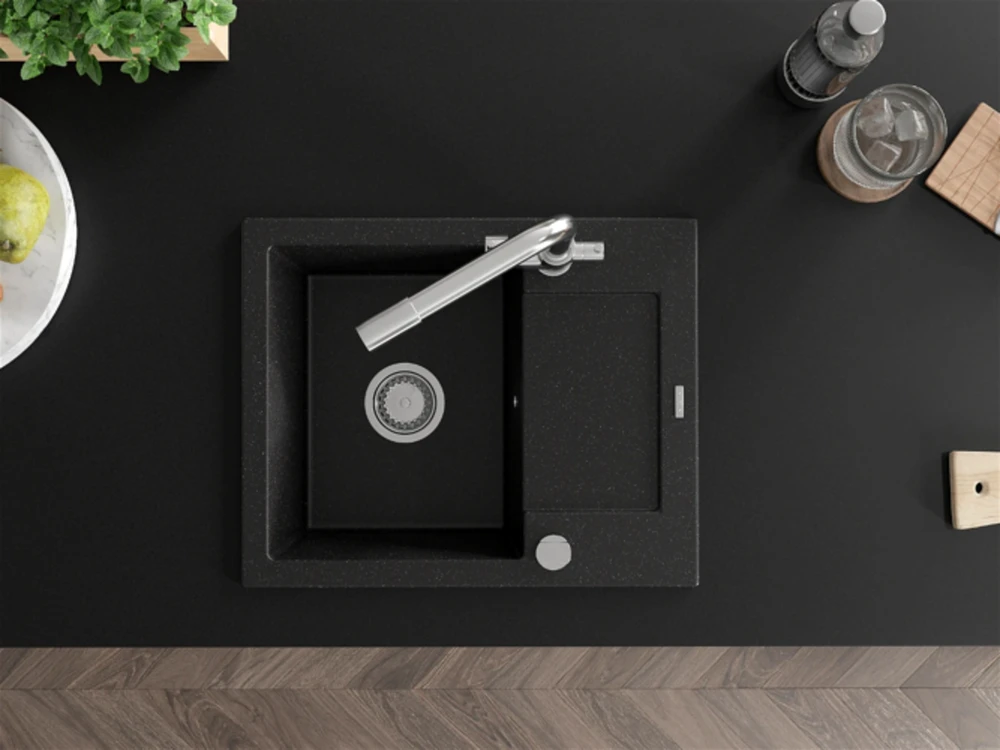 Granitinė virtuvinė plautuvė Mexen Enzo su maišytuvu ir sifonu, Metallic juodas/sidabrinis+Chrome
