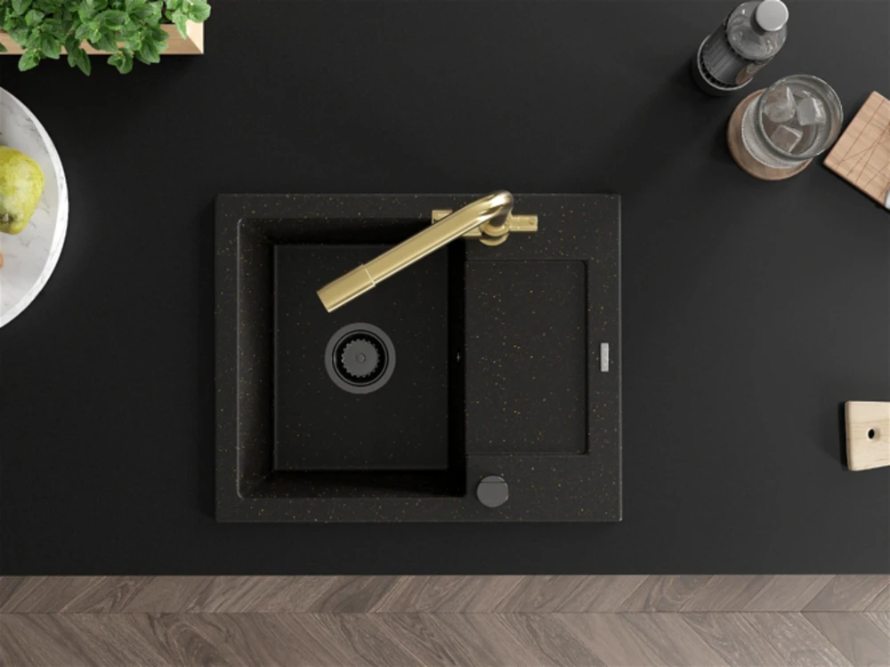 Granitinė virtuvinė plautuvė Mexen Enzo su maišytuvu ir sifonu, Metallic juodas/auksinis+Gold(B)