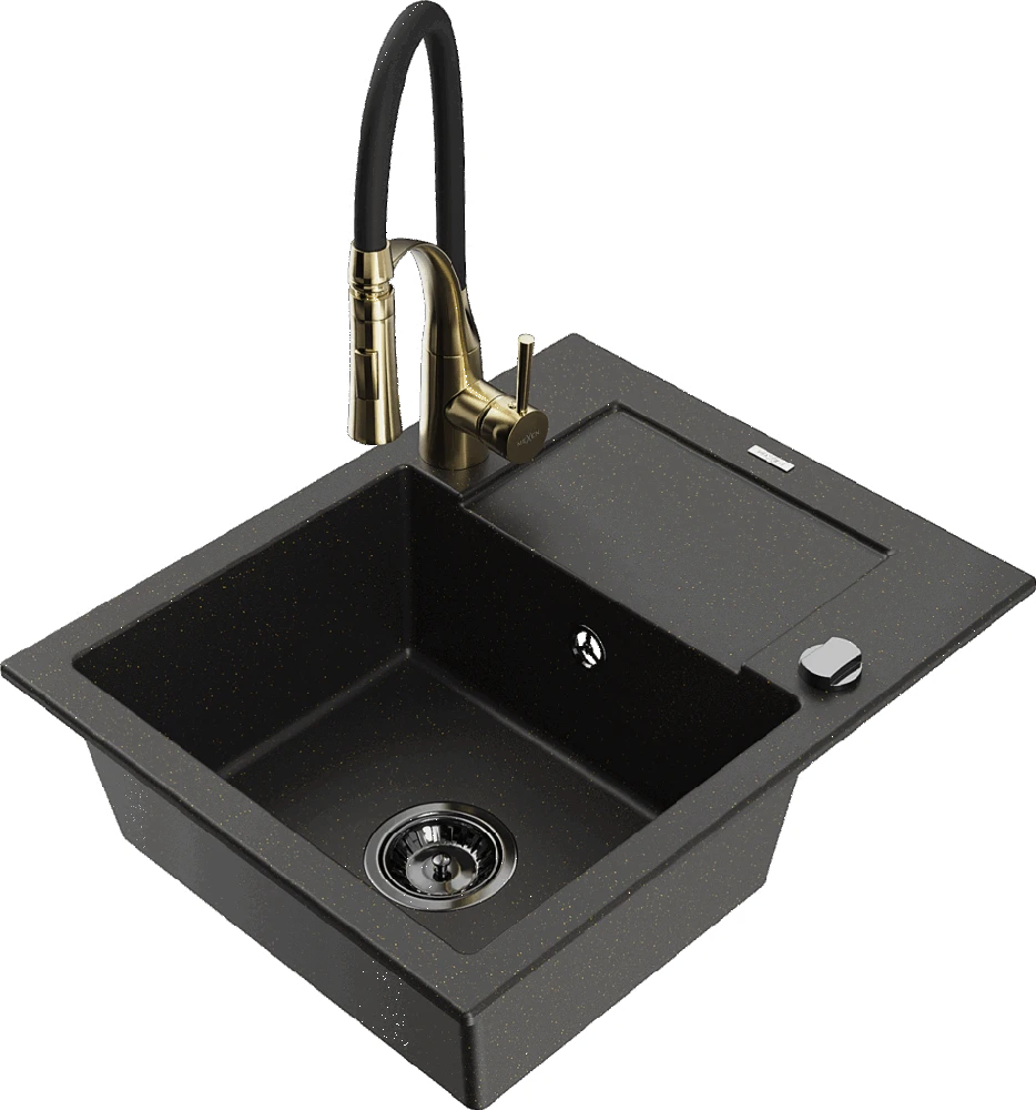 Granitinė virtuvinė plautuvė Mexen Enzo su maišytuvu ir sifonu, Metallic juodas/auksinis+Juodas/Gold