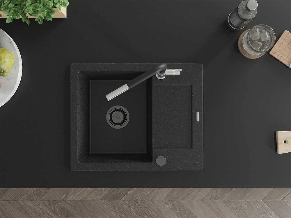 Granitinė virtuvinė plautuvė Mexen Enzo su maišytuvu ir sifonu, Metallic juodas/sidabrinis+Juodas/Chrome
