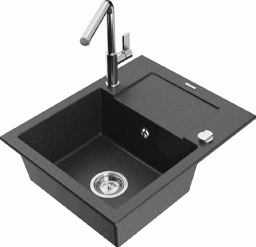 Granitinė virtuvinė plautuvė Mexen Enzo su maišytuvu ir sifonu, Juodas granite+Chrome
