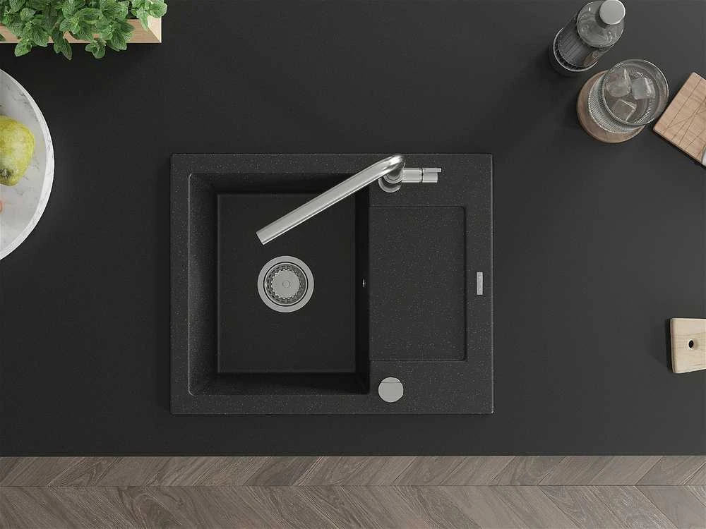 Granitinė virtuvinė plautuvė Mexen Enzo su maišytuvu ir sifonu, Metallic juodas/sidabrinis+Chrome