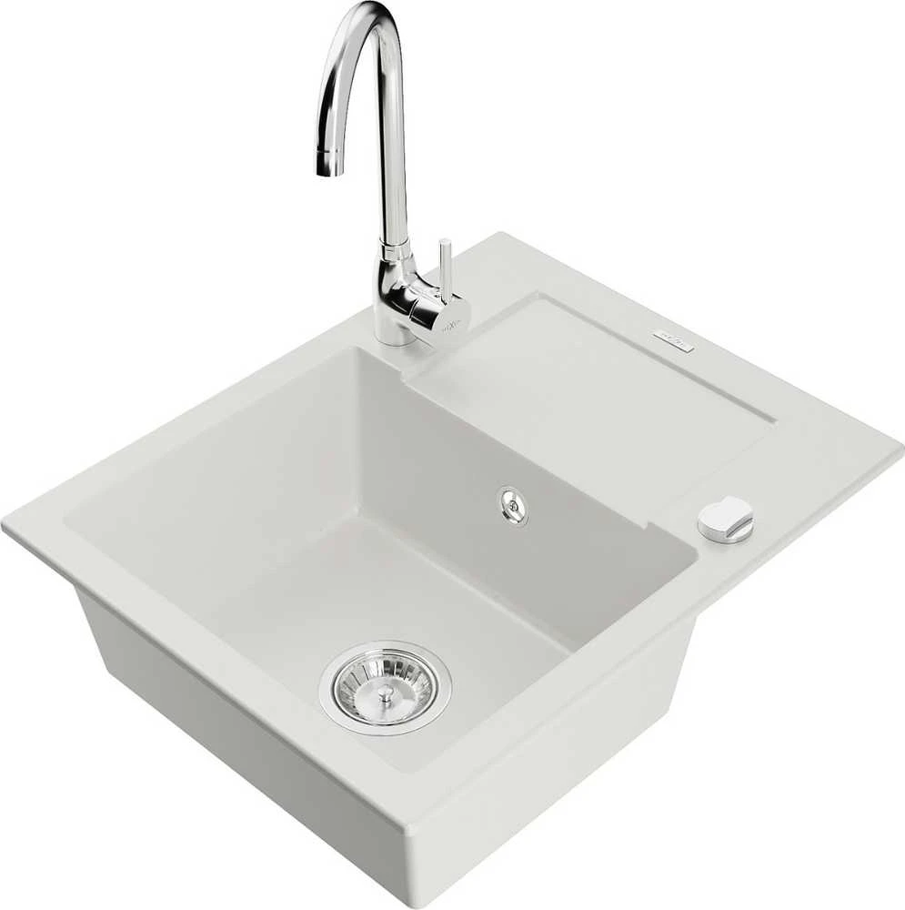Granitinė virtuvinė plautuvė Mexen Enzo su maišytuvu ir sifonu, Baltas+Chrome