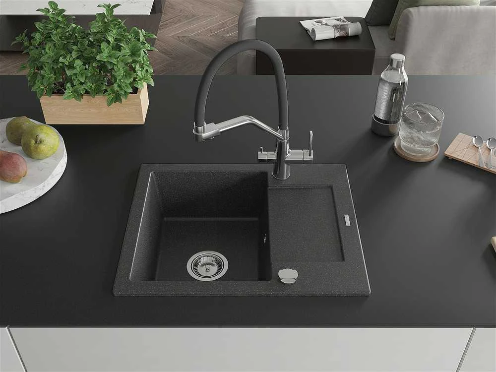 Granitinė virtuvinė plautuvė Mexen Enzo su maišytuvu ir sifonu, Juodas granite+Juodas/Chrome