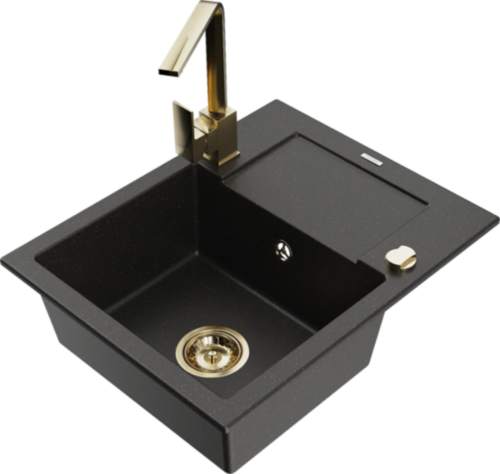 Granitinė virtuvinė plautuvė Mexen Enzo su maišytuvu ir sifonu, Metallic juodas/auksinis+Gold