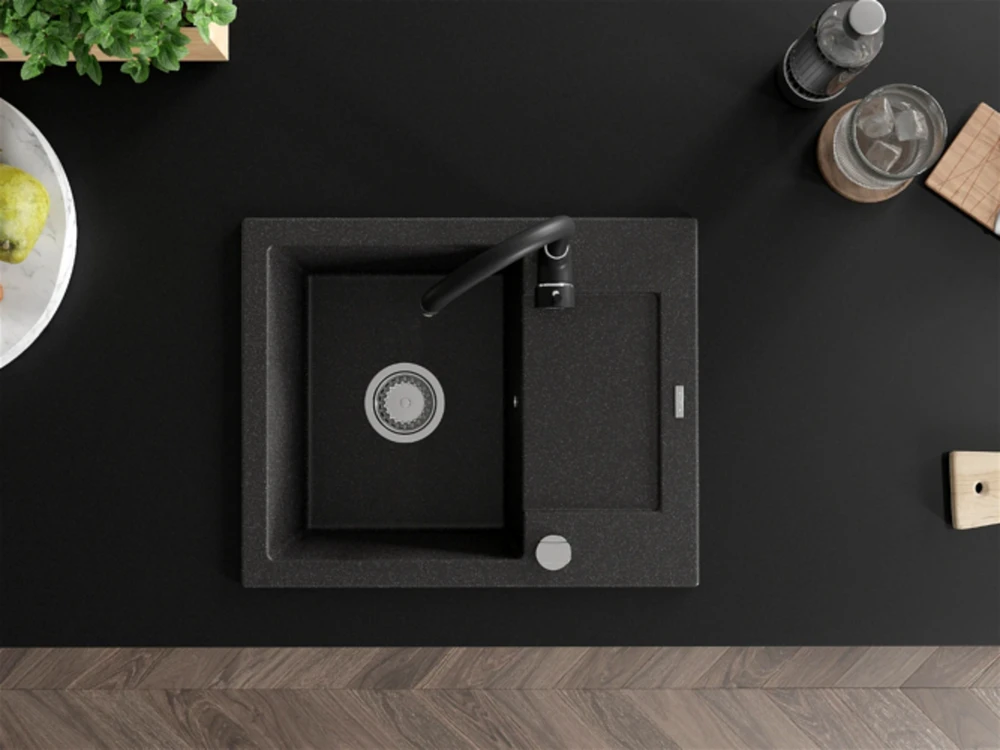 Granitinė virtuvinė plautuvė Mexen Enzo su maišytuvu ir sifonu, Juodas granite+Juodas