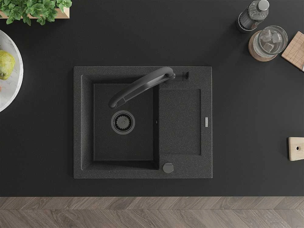 Granitinė virtuvinė plautuvė Mexen Enzo su maišytuvu ir sifonu, Juodas granite+Juodas