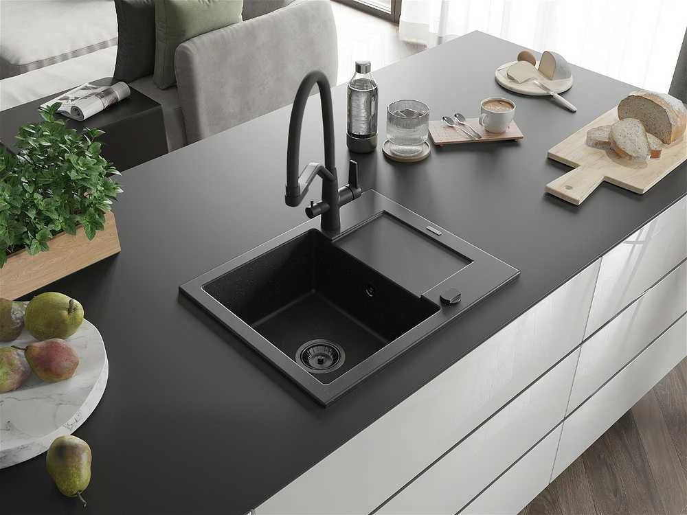 Granitinė virtuvinė plautuvė Mexen Enzo su maišytuvu ir sifonu, Metallic juodas/sidabrinis+Juodas