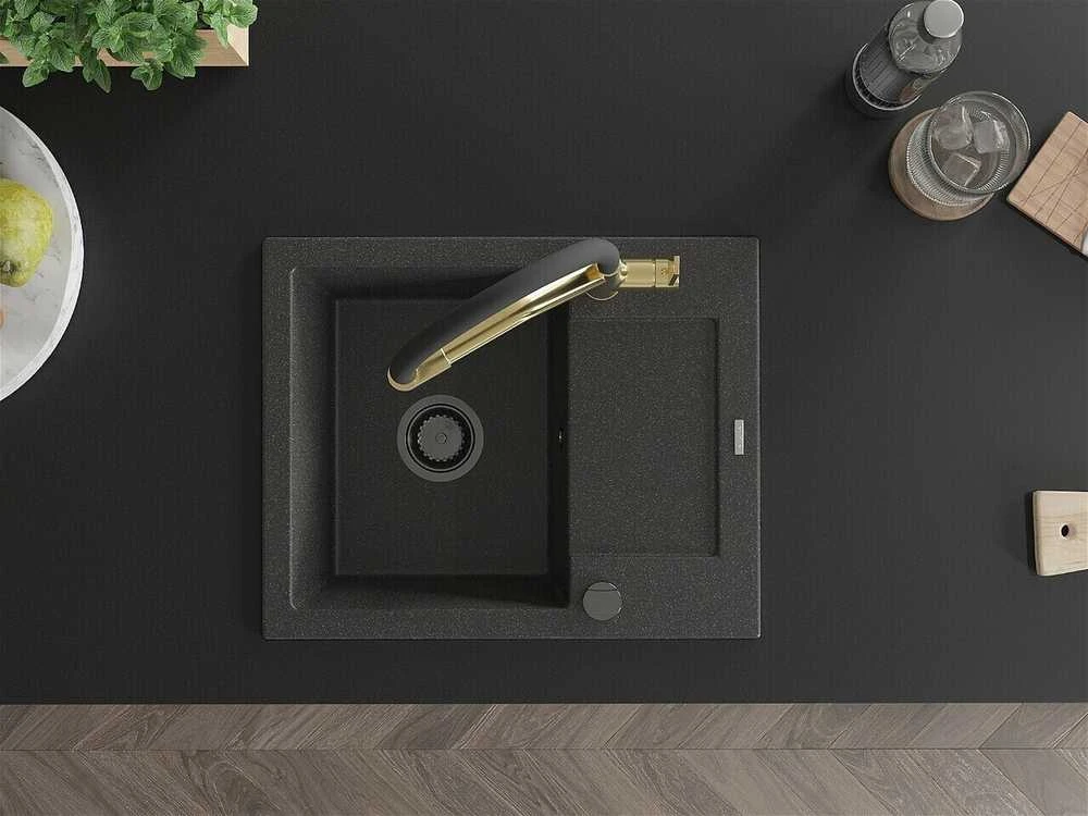 Granitinė virtuvinė plautuvė Mexen Enzo su maišytuvu ir sifonu, Juodas granite+Juodas/Gold