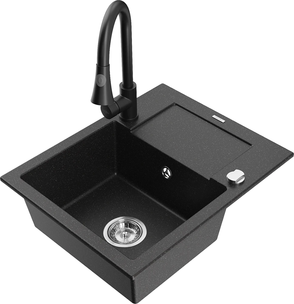 Granitinė virtuvinė plautuvė Mexen Enzo su maišytuvu ir sifonu, Metallic juodas/sidabrinis+Juodas