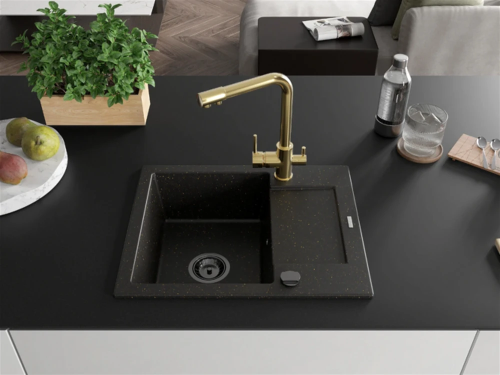 Granitinė virtuvinė plautuvė Mexen Enzo su maišytuvu ir sifonu, Metallic juodas/auksinis+Gold(B)