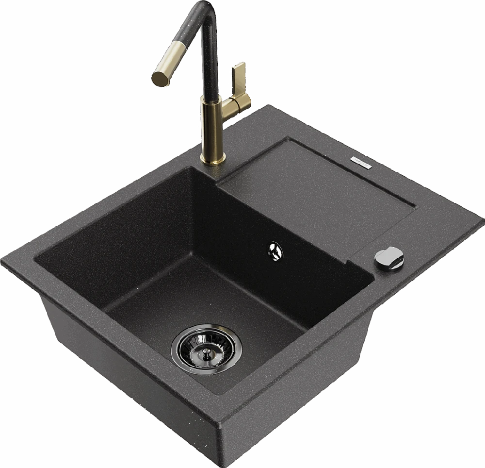 Granitinė virtuvinė plautuvė Mexen Enzo su maišytuvu ir sifonu, Juodas granite+Juodas granite/Gold