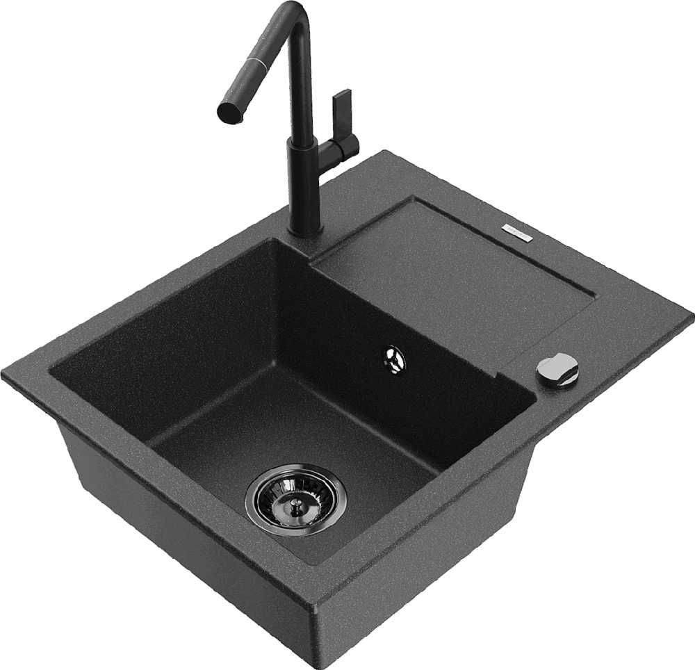Granitinė virtuvinė plautuvė Mexen Enzo su maišytuvu ir sifonu, Juodas granite+Juodas
