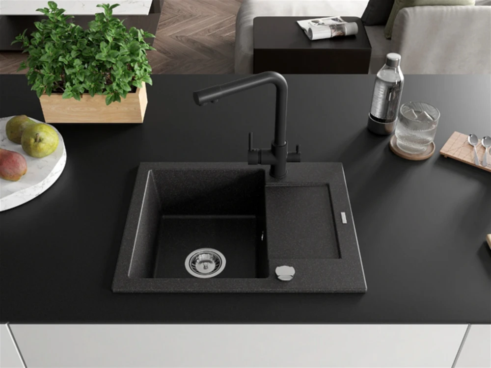Granitinė virtuvinė plautuvė Mexen Enzo su maišytuvu ir sifonu, Juodas granite+Juodas