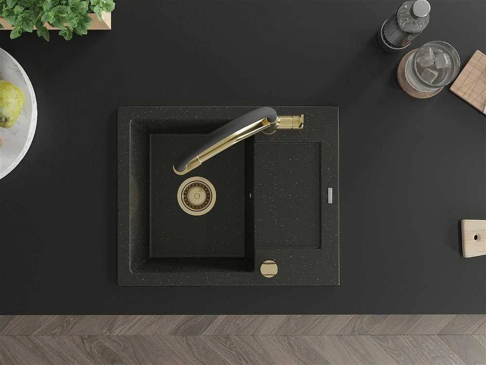 Granitinė virtuvinė plautuvė Mexen Enzo su maišytuvu ir sifonu, Metallic juodas/auksinis+Juodas/Gold