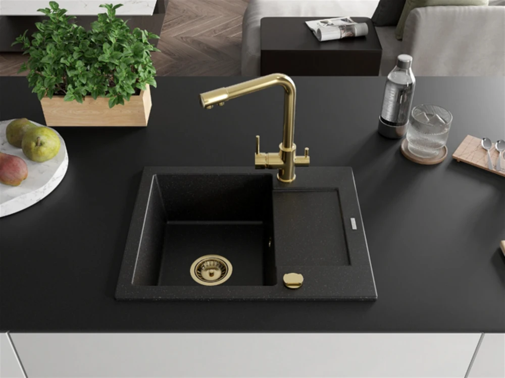 Granitinė virtuvinė plautuvė Mexen Enzo su maišytuvu ir sifonu, Metallic juodas/sidabrinis+Gold
