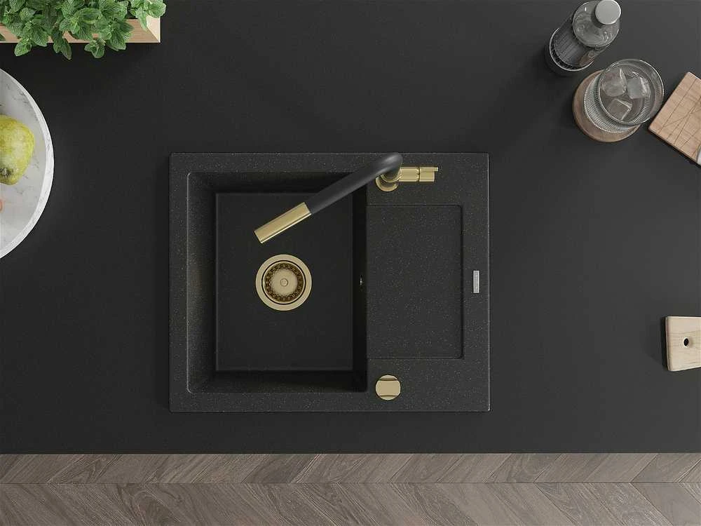 Granitinė virtuvinė plautuvė Mexen Enzo su maišytuvu ir sifonu, Metallic juodas/sidabrinis+Juodas/Gold