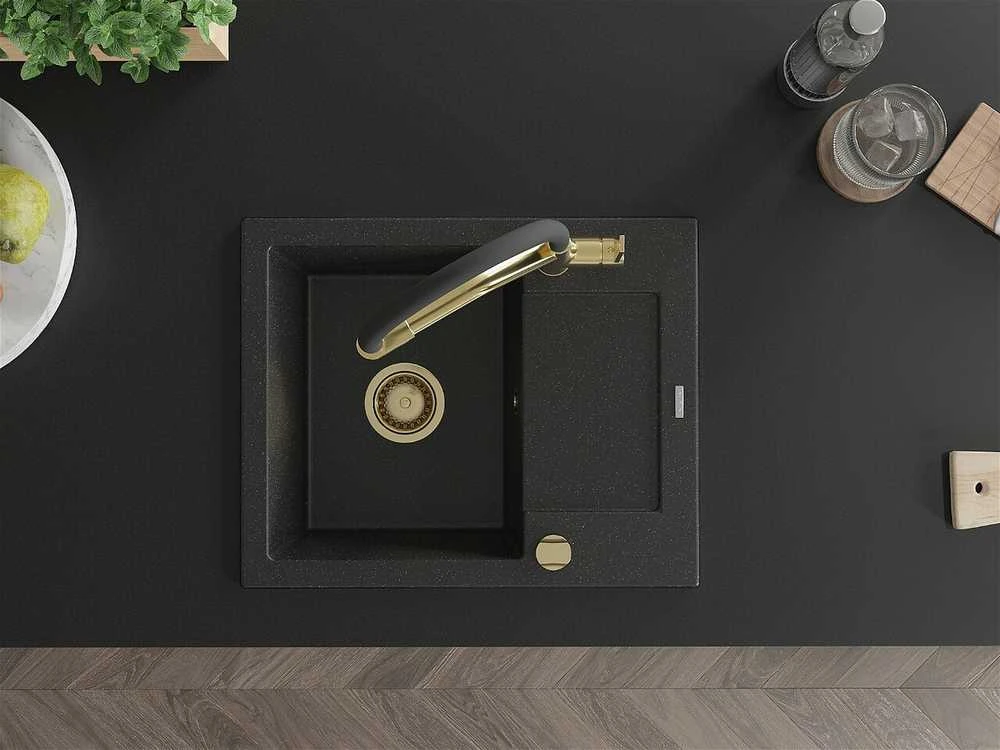 Granitinė virtuvinė plautuvė Mexen Enzo su maišytuvu ir sifonu, Metallic juodas/sidabrinis+Juodas/Gold